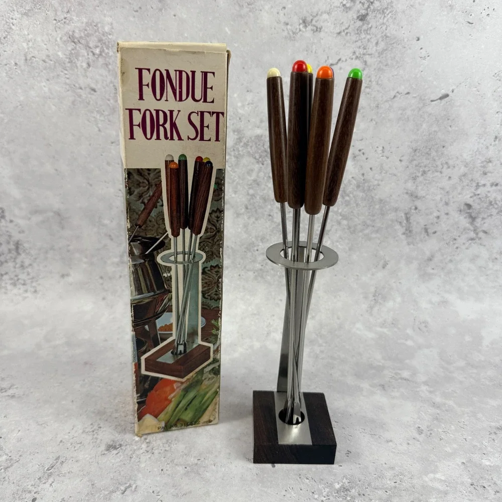 Fondue Fork Set Stainless Steel Wood Handles Made in Japan NOS
